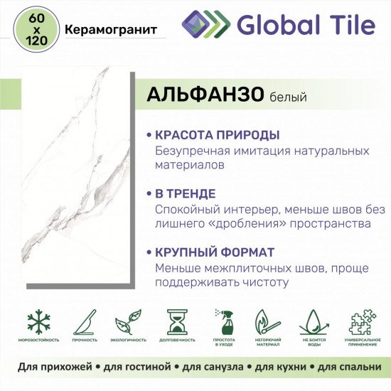 Керамогранит Global Tile Альфанзо / Alfanzo GT1206012003SPR Белый 60x120